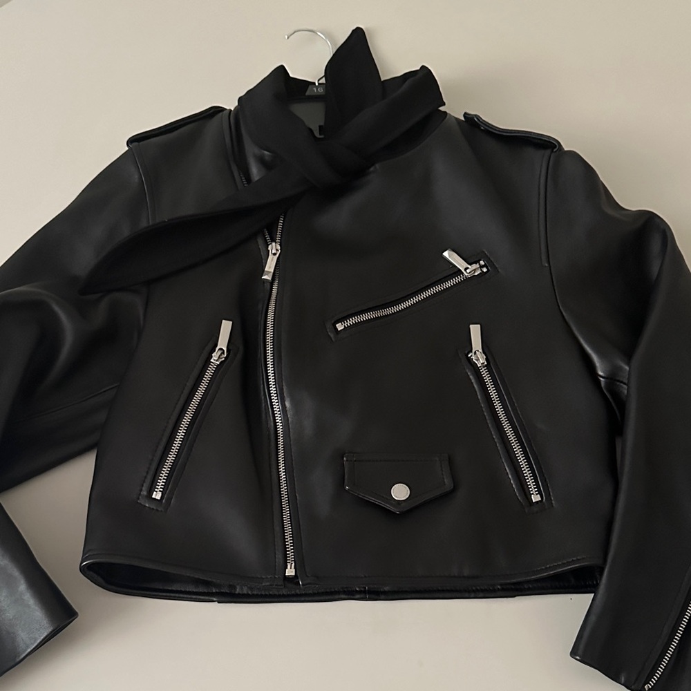 BCBGMaxAzria Black Leather Jacket with Silver Zippers